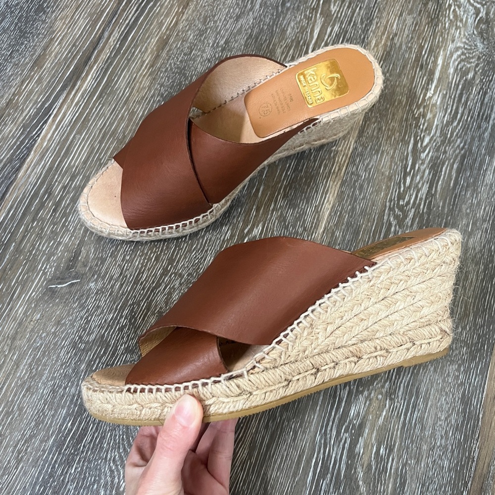 Kanna Brown Leather Espadrille Wedge Sandals